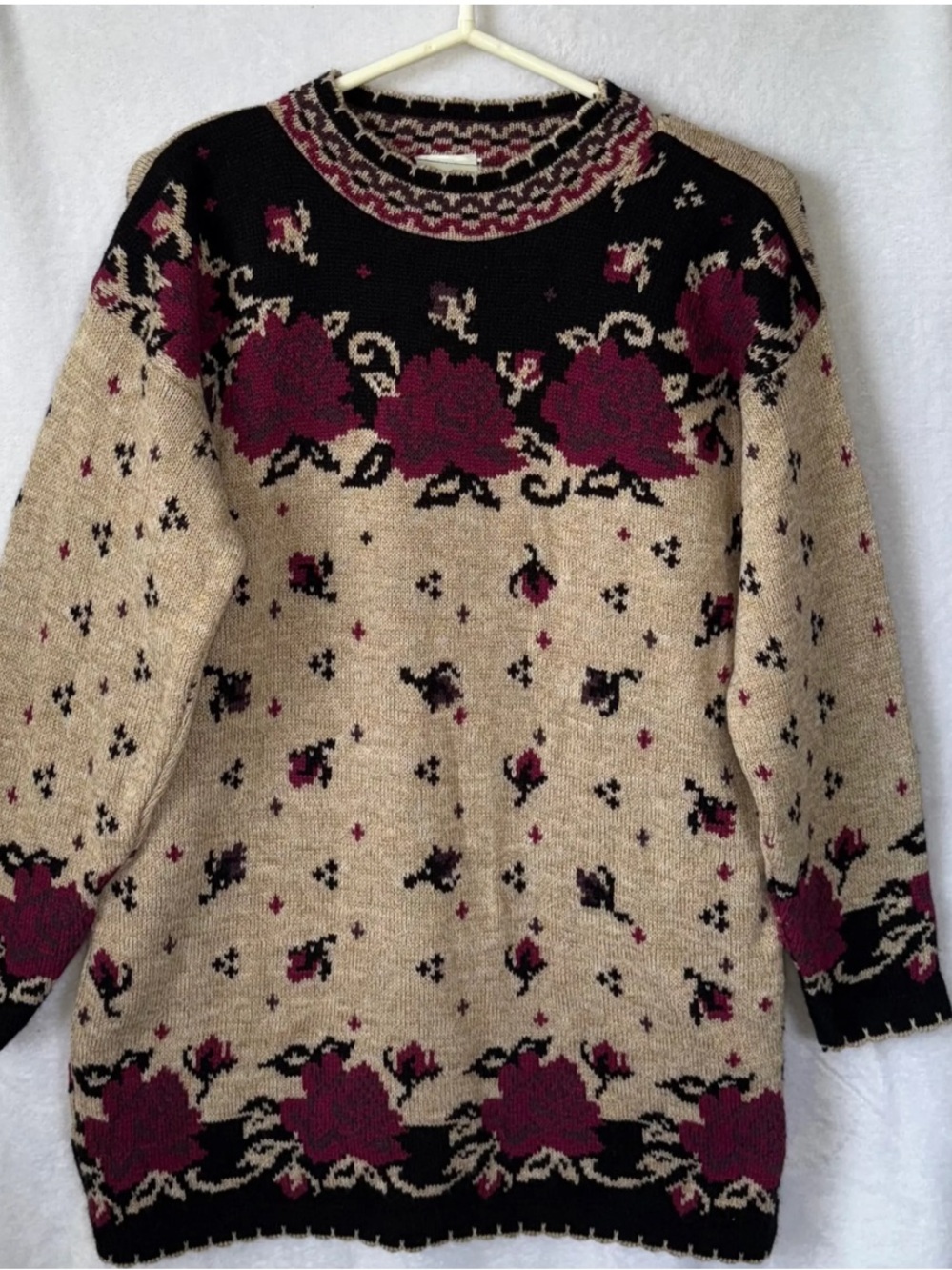 Grace Tan Crewneck Sweater with Burgundy Floral Pattern